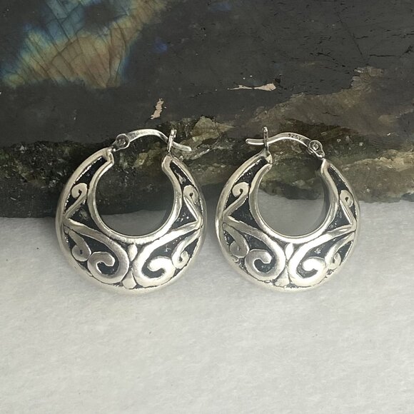 Sterling Silver 925 1" Scrollwork Bali Style Chunky Hoop Earrings Hinged Post - Picture 2 of 16